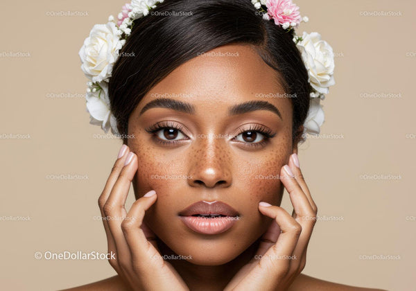 Portrait of a Young Woman with Freckled Skin Wearing Floral Headband