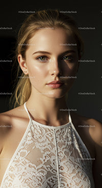 Young Woman Portrait with Lace Dress and Captivating Expression