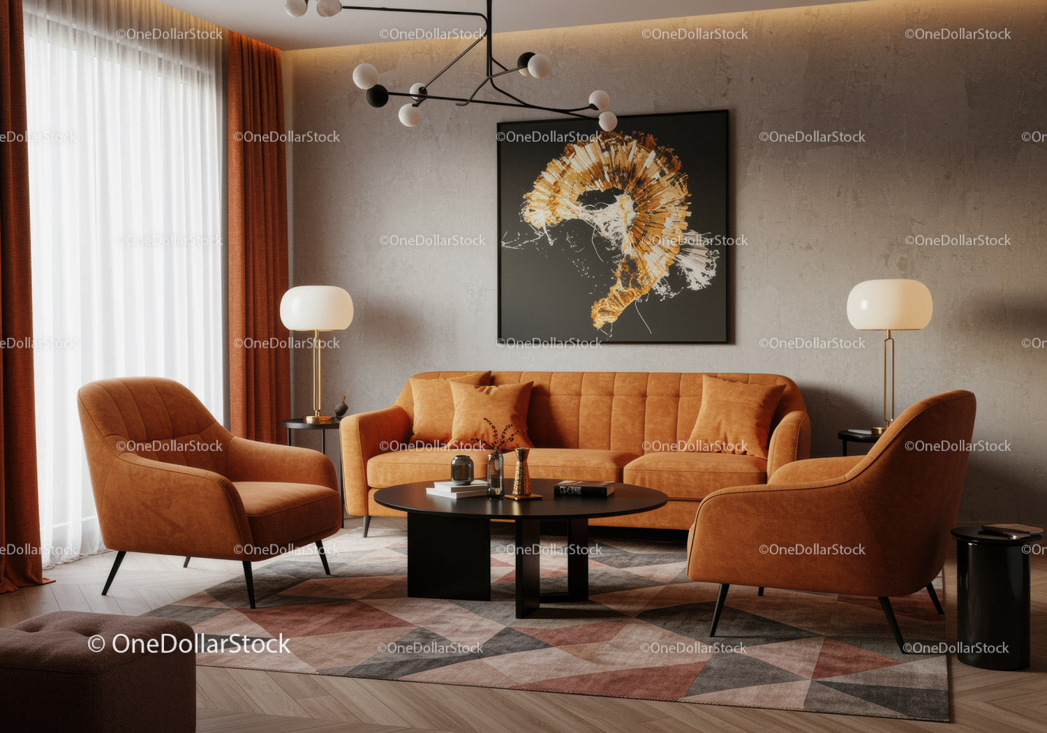 Modern living room with warm earth tone seating and decor