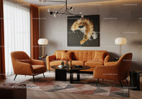 Modern living room with warm earth tone seating and decor