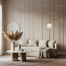 Cozy beige living room with modern curved sofa and decor