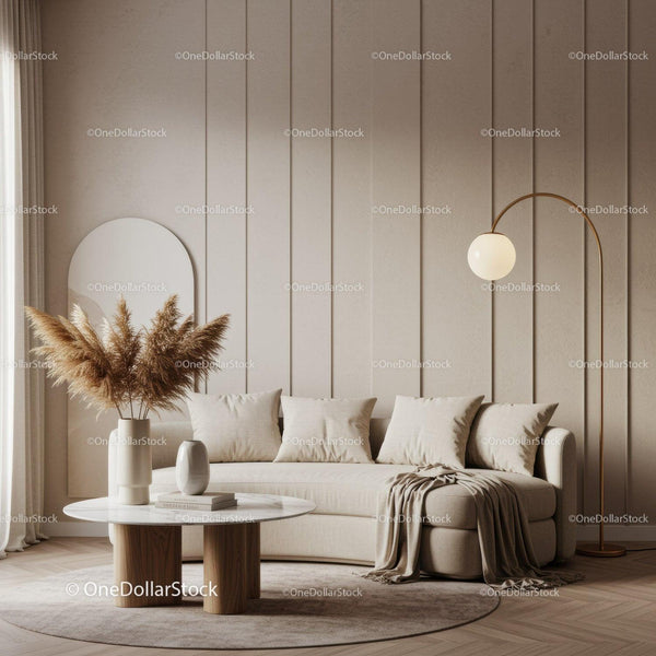 Cozy beige living room with modern curved sofa and decor