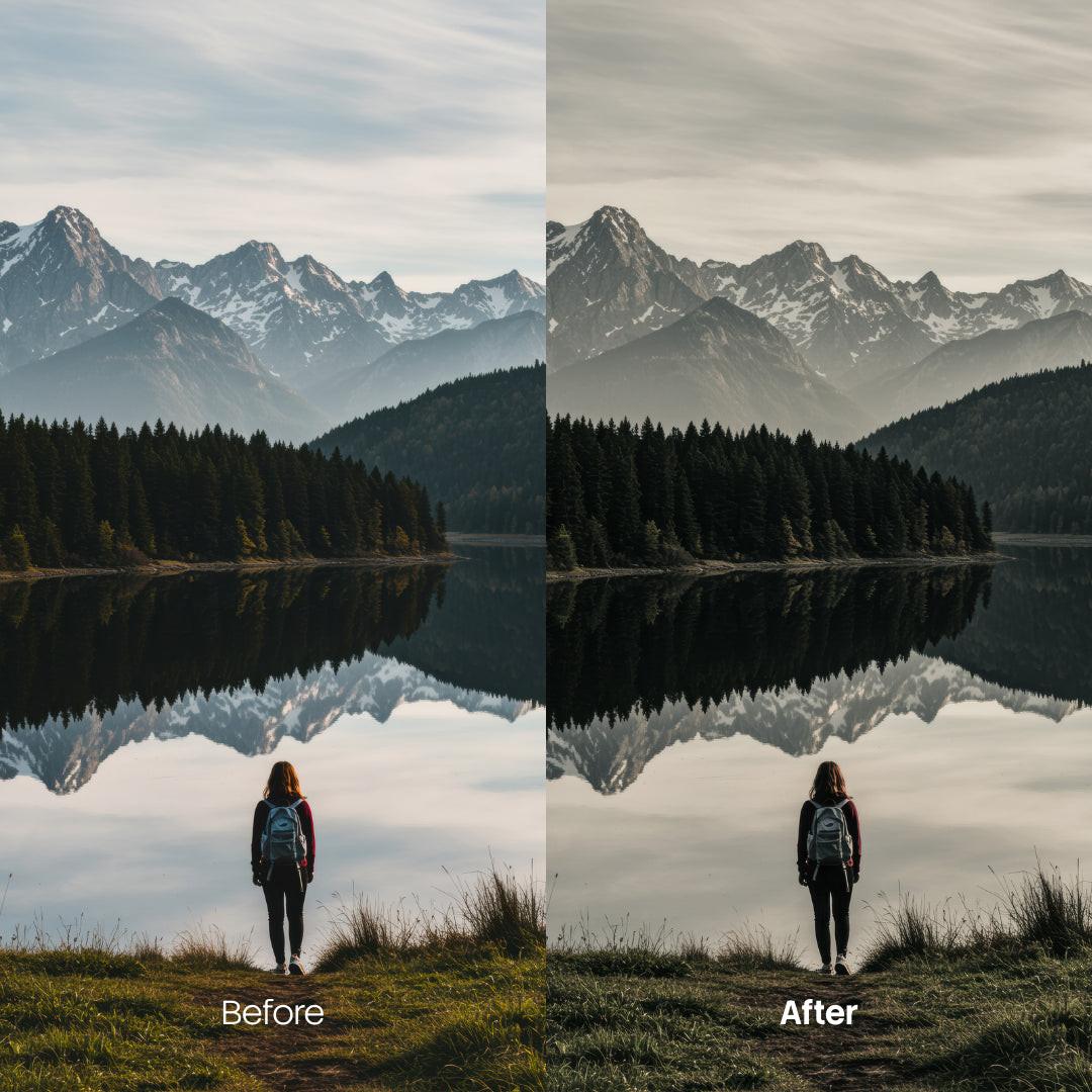 Before and after Shadowy Earth LUT Pack effect