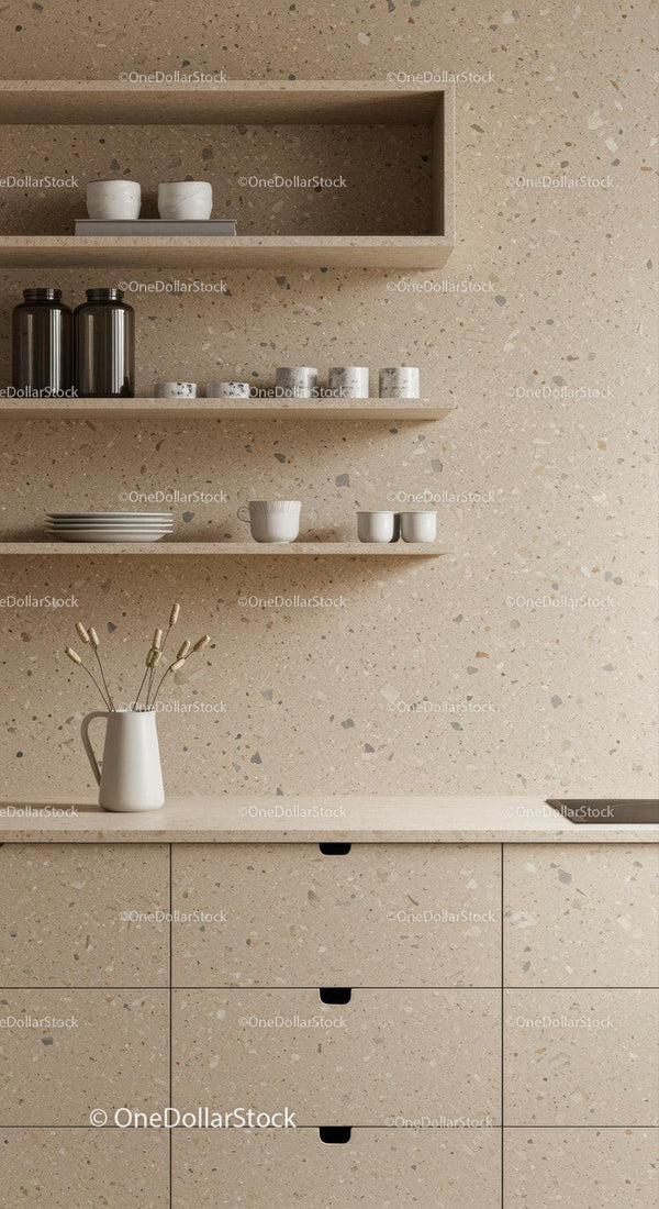 Nowoczesne minimalistyczne półki kuchenne z ceramicznymi i szklanymi dekoracjami