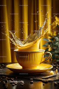 Vibrant Yellow Coffee Cup with Splash in a Stylish Morning Scene