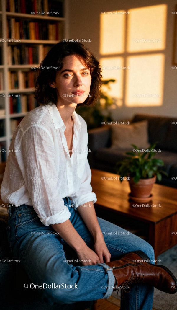 Young woman in casual outfit relaxing in warm living room