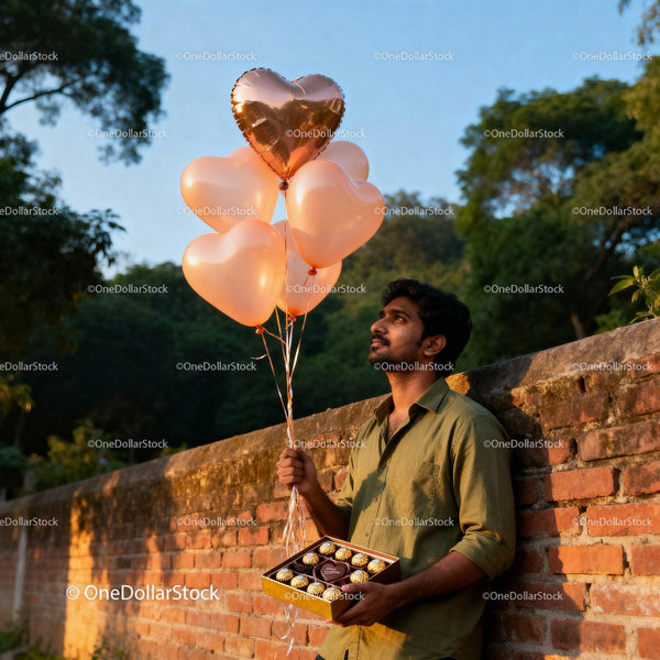 Man holding heart-shaped balloons and chocolates outdoors