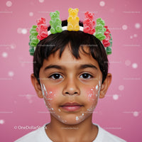 Child wearing colorful gummy bear crown with face paint