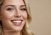 Close up of smiling blonde woman with flawless skin