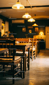 Cozy vintage cafe interior with warm lighting ambiance