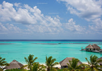 Tropical Ocean Scene with Overwater Bungalows and Palm Trees