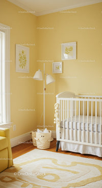 Bright Nursery Scene with Baby Crib and Light Yellow Walls