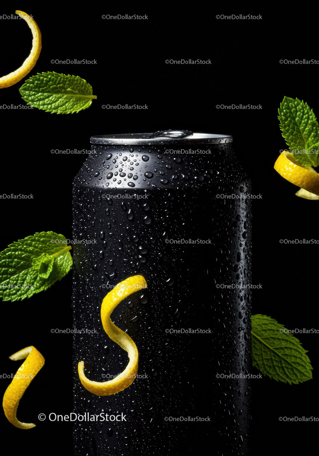 Refreshing black can with lemon peel and mint leaves