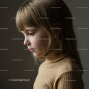 Thoughtful young girl wearing beige turtleneck sweater