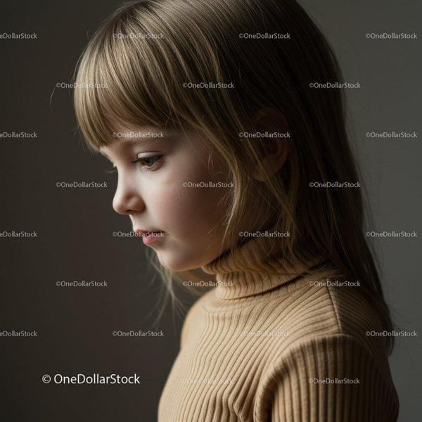 Thoughtful young girl wearing beige turtleneck sweater