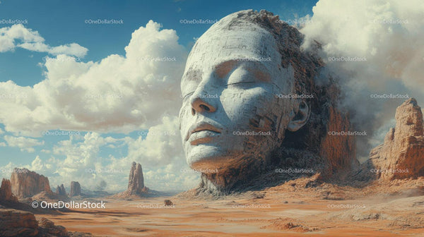 Giant Stone Face Sculpture in Desert Landscape