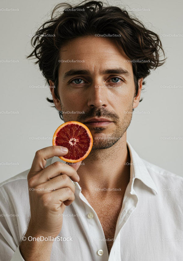 Portrait of a Young Man Holding a Blood Orange Slice