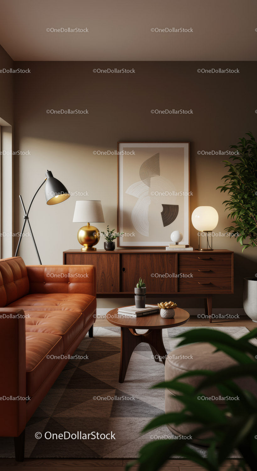 Cozy mid century living room with leather sofa and plants