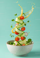 Fresh vegetable salad with dressing splash in ceramic bowl