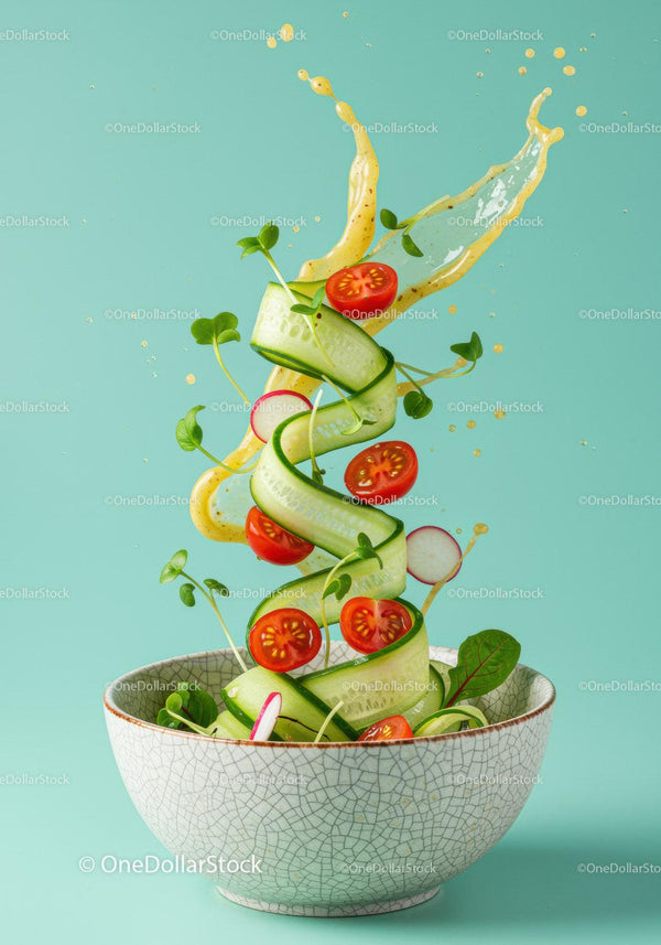 Fresh vegetable salad with dressing splash in ceramic bowl