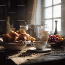 Rustic Kitchen Morning Scene with Croissants Coffee and Fresh Fruit