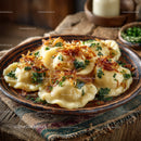 Delicious Fried Potstickers with Soy-Glazed Onion Garnish in a Rustic Bowl