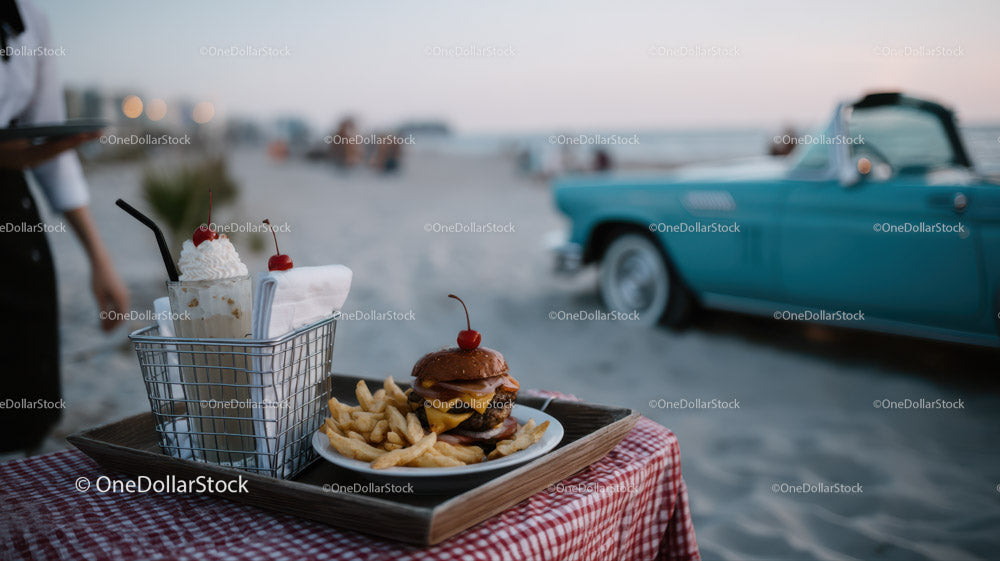 Kolacja na plaży z koktajlem mlecznym i hamburgerem oraz sceną z zabytkowymi samochodami