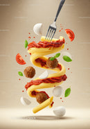 Spiral pasta with tomato sauce and meatballs on fork