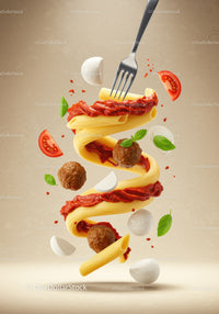 Spiral pasta with tomato sauce and meatballs on fork