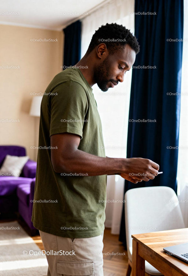 Focused man reading message in cozy living room