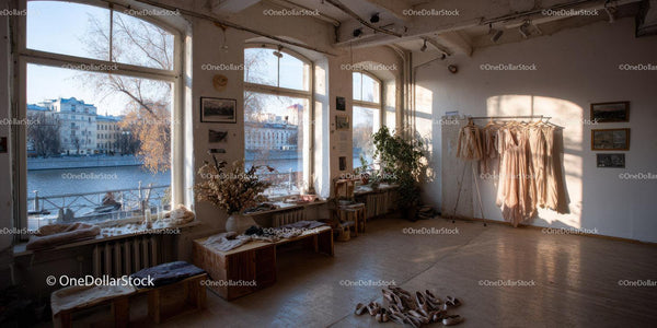 Bright Sunlit Dance Studio with Ballet Shoes and Costumes