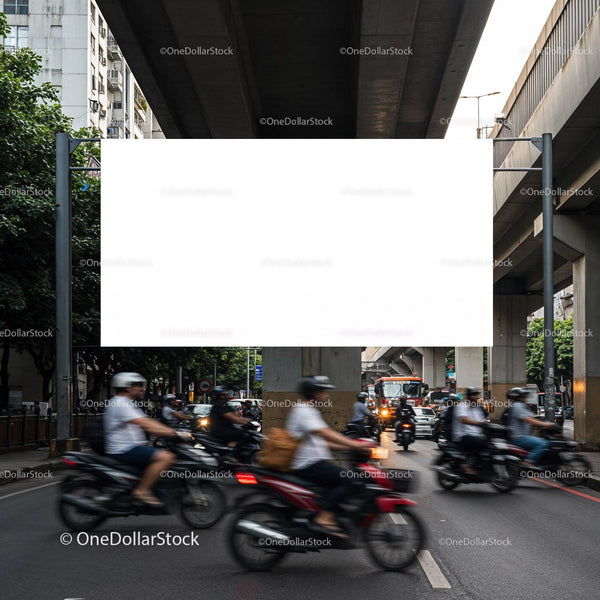 Busy urban street with motorcycles under elevated highway Editable PSD Mockup