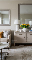 Elegant Living Room Decor with Yellow Tulips and Wall Mirrors