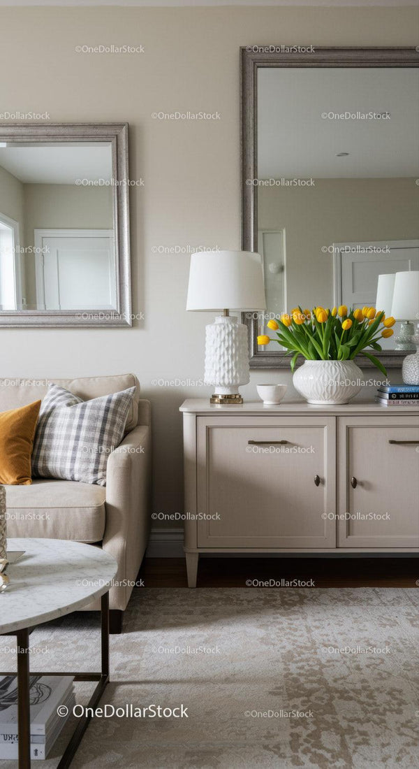 Elegant Living Room Decor with Yellow Tulips and Wall Mirrors