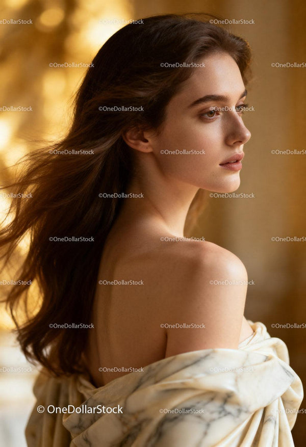 Elegant woman gazing thoughtfully with windswept hair
