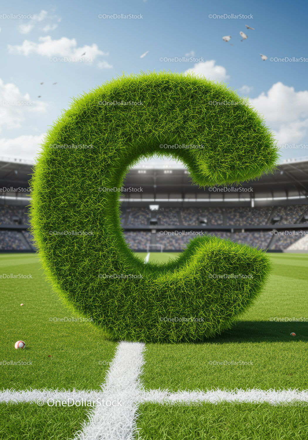 Zielona trawa z literą C stojącą na boisku sportowym