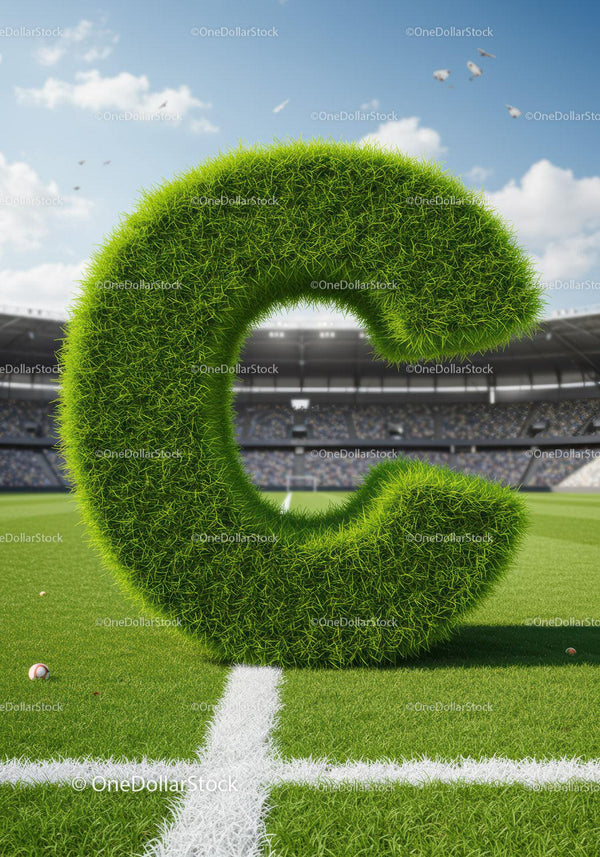 Green grass letter C standing on a sports field