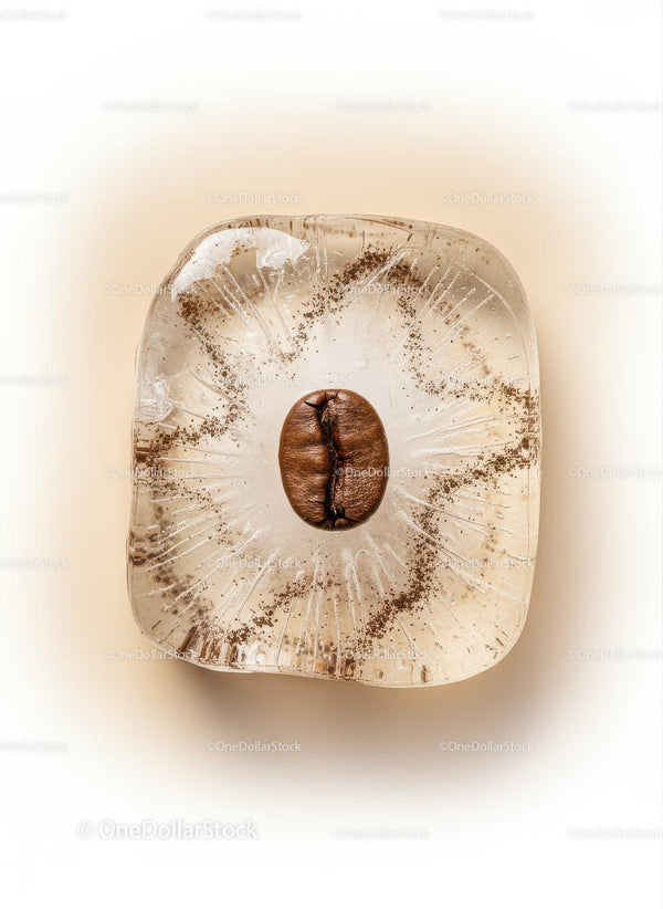 Single coffee bean frozen inside transparent ice cube
