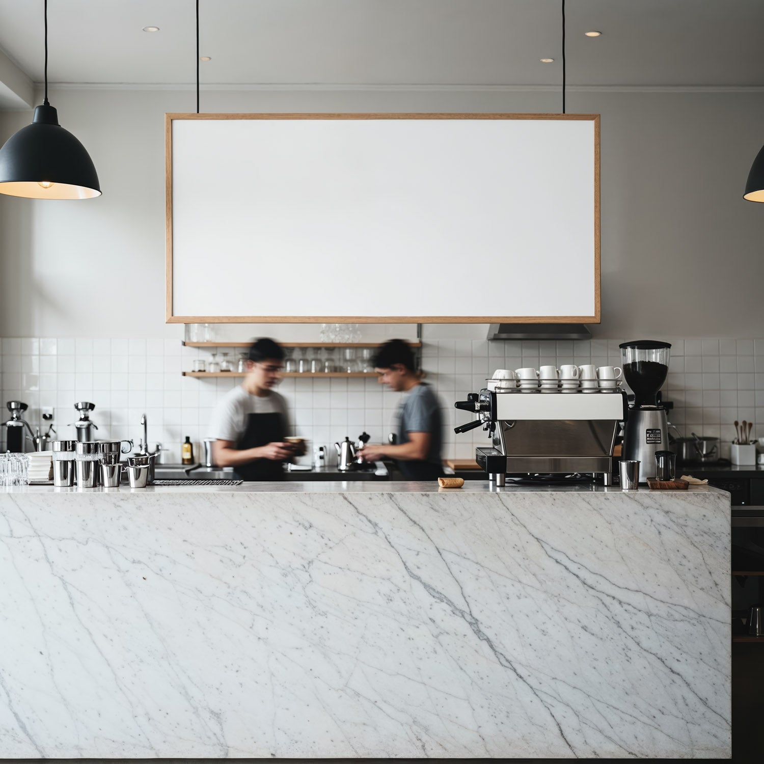 Baristas Working Behind Modern Marble Coffee Bar Counter