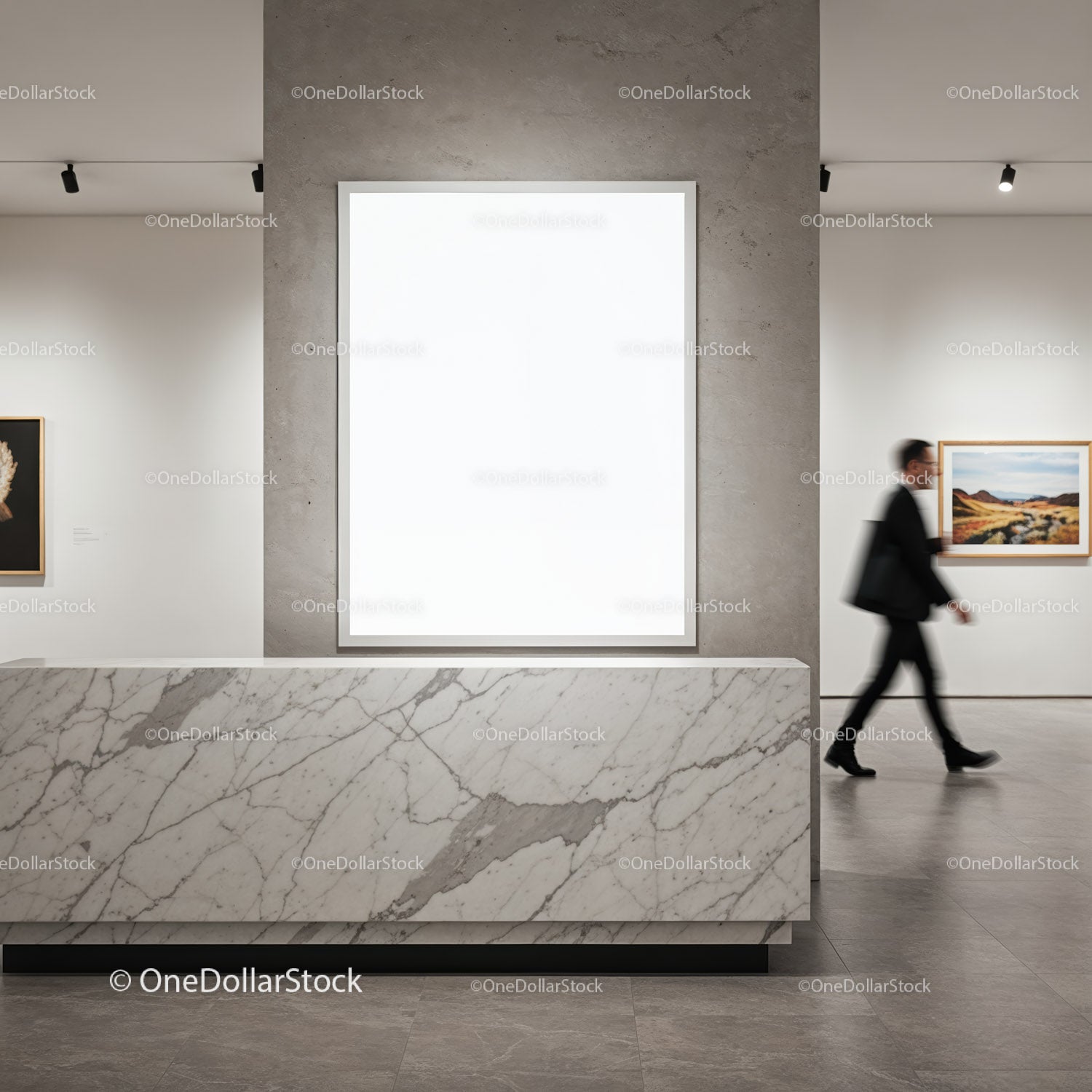 Modern marble reception desk in contemporary gallery space