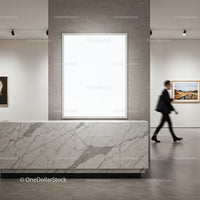 Modern marble reception desk in contemporary gallery space