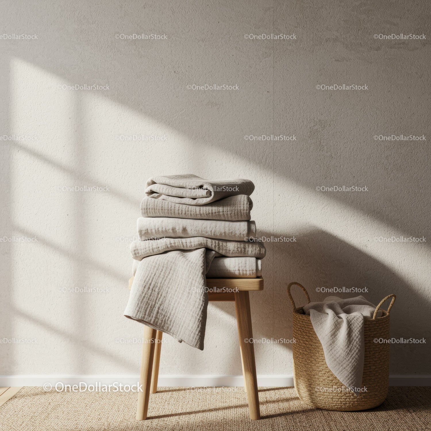 Minimalist cozy towels stacked on wooden stool and basket