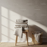 Minimalist cozy towels stacked on wooden stool and basket