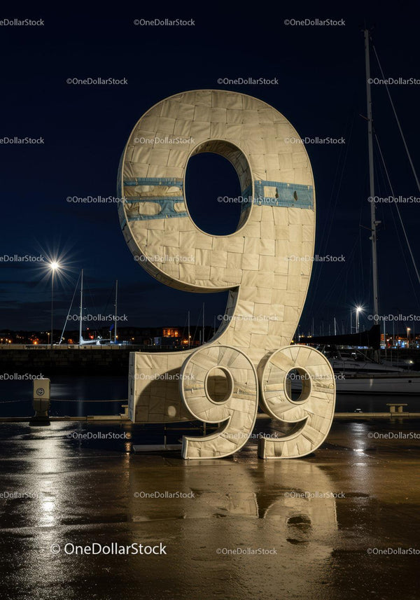Illuminated Large Number 99 Sculpture at Harbor Night