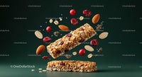 Granola Bars with Nuts and Berries Flying on Dark Background