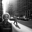 Elderly Woman in Busy City Street Surrounded by Vintage Cars