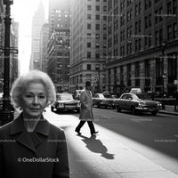Elderly Woman in Busy City Street Surrounded by Vintage Cars