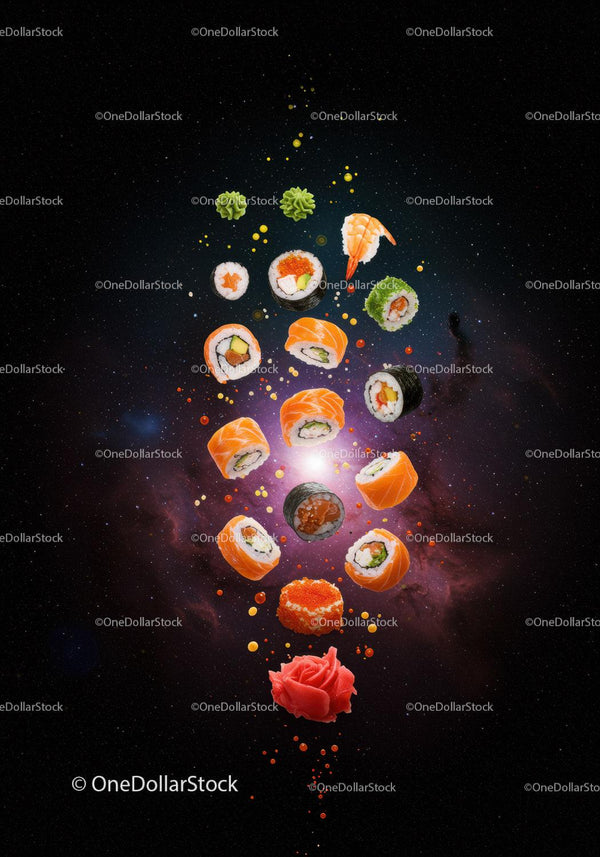 Floating Assortment of Sushi Rolls with Wasabi and Pickled Ginger
