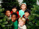 Diverse children smiling together among Christmas trees