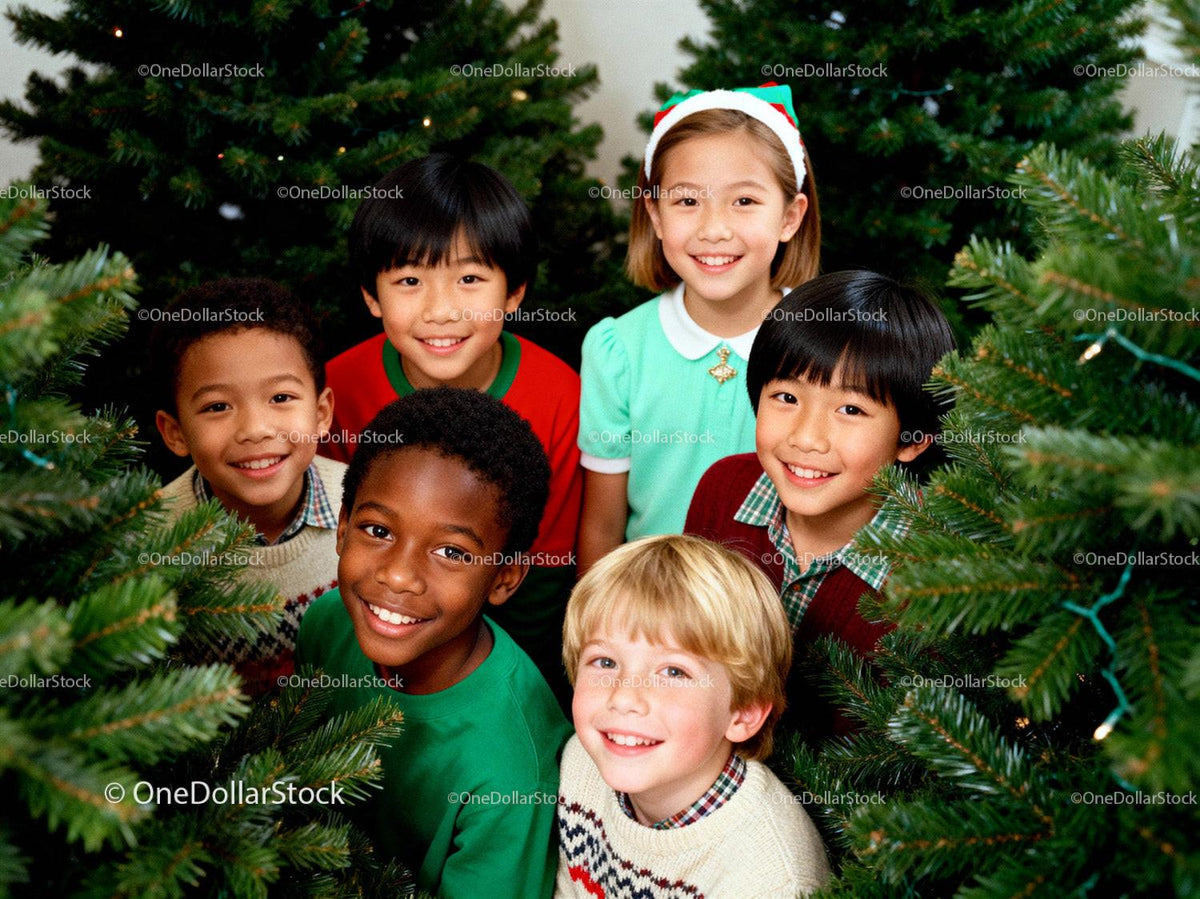 Diverse children smiling together among Christmas trees